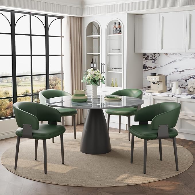 Modern Dining Chairs Set of 2, Faux Leather Upholstered Kitchen Chairs with Curved Back and Metal Legs, Mid Century Chairs for Dining Room, Kitchen, or Café (Green)