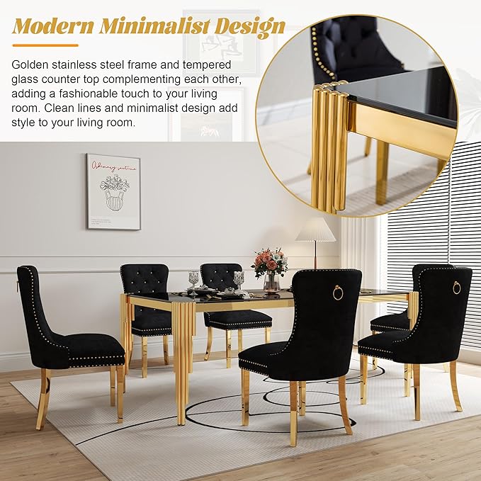 7 Piece Glass Dining Table Set, 78" Large Rectangle Tempered Glass Kitchen Table with 6 Black Velvet Upholstered Chairs, Dining Chairs Set of 6 for Kitchen, Living Room (Black, Gold)