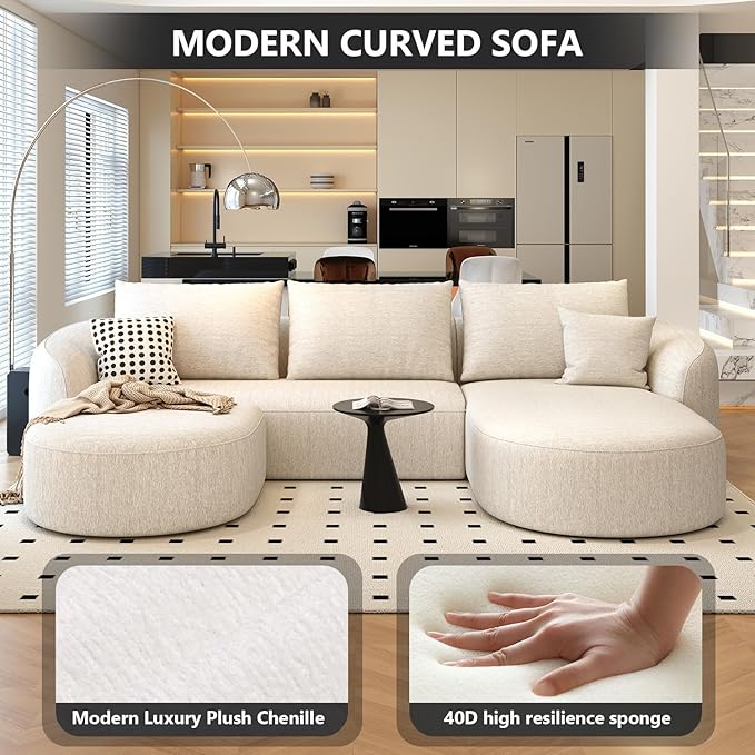 111" Modular Sectional Couches Luxury Modern Curved Back U-Shape Sofa Set with Ottoman,Minimalist Comfy Boneless Cloud Couch for Living Room Apartment,(Right Facing Chaise,White)