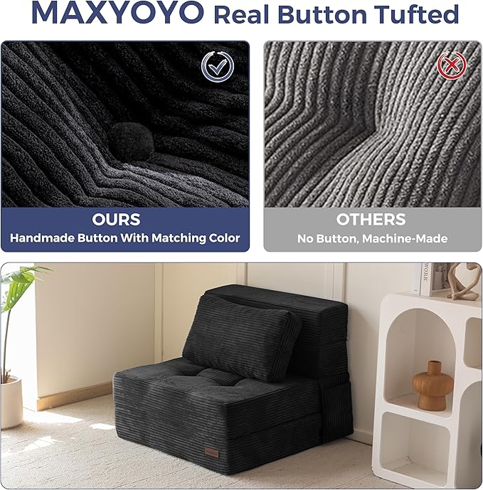 MAXYOYO Convertible Sofa Bed, Fold Out Single Sleeper Sofa with Pillow, 4 in 1 Tufted Folding Couch Bed Foam Floor Couch, Lazy Chair for Living Room Bedroom Guest Room, Black