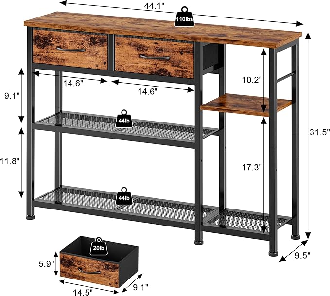 Furnulem 44'' Entryway Table, Industrial Console Sofa Table with Metal Mesh Storage Shelves, Shoe Rack Display Shelf for Front Door, Couch, Kitchen, Fabric Drawers, Rustic Brown