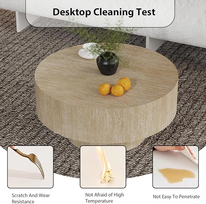 Round Coffee Table, Handcrafted Fluted Drum Coffee Tables Modern Wood Coffee Table Circle Drum Center Table for Living Room, Apartment (Travertine Round)