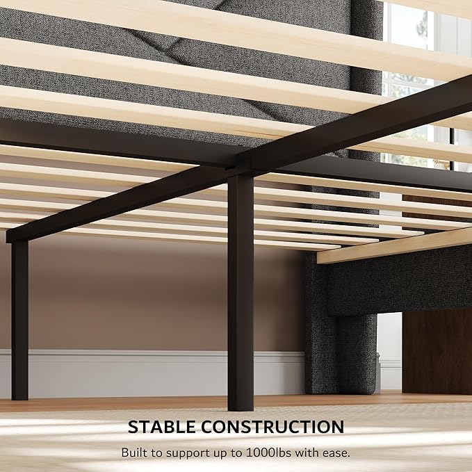 iPormis Queen Size Bed Frame with Charging Station, Linen Platform Bed Frame with Wingback Headboard Upholstered Bedframe, Solid Wood Slats Support, No Box Spring Needed, Easy Assembly, Dark Grey