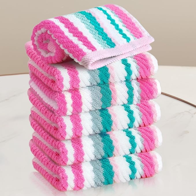 VOOVA & MOVAS Pink Soft Washcloths Set (6PC, 100% Cotton), Wash Cloth 13" x13, Striped Absorbent Washcloths Set for Bathroom & Guest, Luxury Wash Cloths Gift Set, Pink and Aqua Stripe