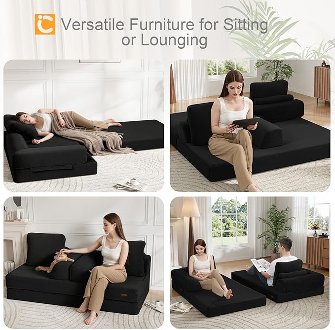 COMAX Convertible Sofa Bed, Folding Floor Couch Fold Out Couch Bed Futon Sleeper Mattress with Pillows, Boneless Sofa Comfy Lounge Loveseat for Living Room Bedroom, Faux Fur Black