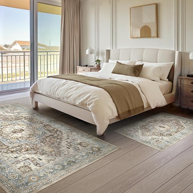 Area Rugs 5x7 - Machine Washable Vintage Oriental Soft Rug, Low Pile Thin Floor Carpet with Non Slip Backing for Living Room, Bedroom,Dorm, Kitchen, Indoor House, Office Rolling Chair