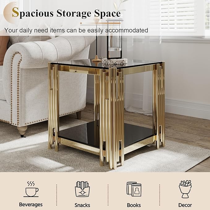 Glass Gold Coffee Table Set of 2,Modern Coffee Table and End Table w/Storage,Glass Coffee Table Set with Stainless Steel Frame,2 Pieces Living Room Table Set for Apartment Home Office