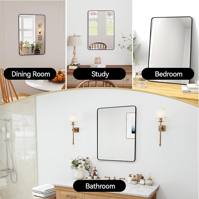 20x30 Rectangle Mirror Full Length Wall Mounted Hanging or Against Wall Metal Frame Dressing Make-up Mirrors for Entryway Bedroom Bathroom Living Room 20 30 inch Black