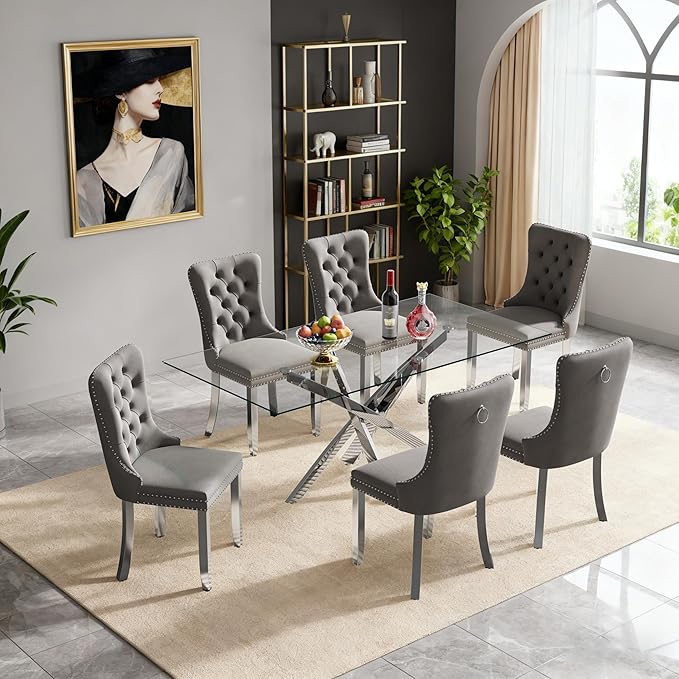 Goujxcy 51" Glass Dining Table Set for 6, Modern Kitchen Table and Chairs Set w/Steel Legs, 7-Piece Dining Table Set w/Glass Silver Dining Table and 6 Grey Velvet Chairs for Kitchen Dining Room
