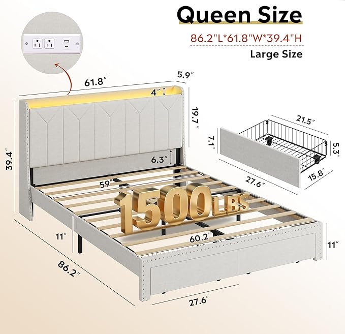 WLIVE Queen Size Upholstered Bed Frame with 2 Drawers, Linen Tufted Storage Headboard with Charging Ports and LED Light, Sturdy Metal & Wooden Slats Support, No Box Spring Needed, Beige