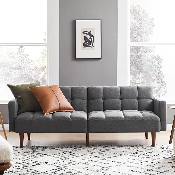 mopio Aaron 76.8" Couch, Small Futon Sofa Bed, Sleeper, Loveseat, Mid Century Modern Futon Couch, Sofa Cama, Couches for Living Room, Bedroom (Dark Grey Fabric)