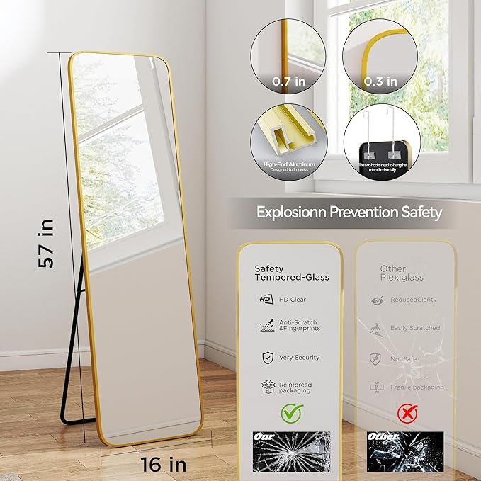 57x16 Door Hanging Full Length Mirror, Floor Stand (Height 5.7ft just Body in1.3ft) Wall Mounted Metal Frame Rectangle Dressing Mirrors for Bedroom Bathroom Room 57 inch Gold