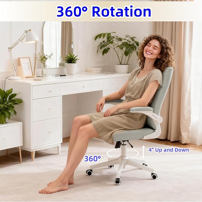 Computer Chair, Ergonomic Home Office Desk Chair with Space Saving Flip-Up Arms, 360° Swivel & Reclining Back, High-Back Executive Chair in Soft Faux Leather Chair Multi-Angle from 90° to 135°（Gray）