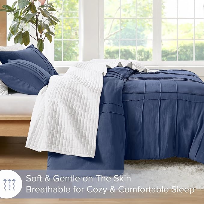 Comfort Spaces Navy Cal King Size Comforter Set - 3 Pieces Pintuck Pleated Bedding Sets, All Season Lightweight, Extra Softness Pre-Washed Microfiber Cal King Bed Set, Shams, Cal King
