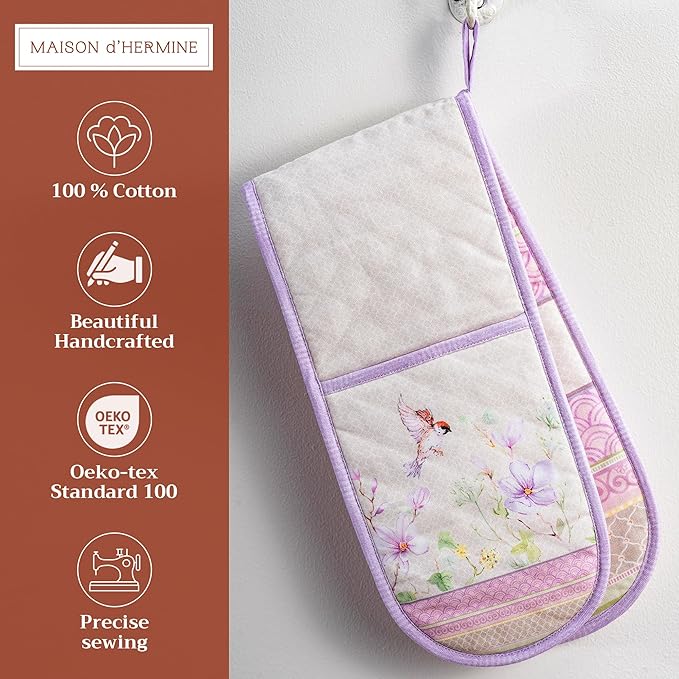 Maison d' Hermine Double Oven Mitts 100% Cotton 7"x35" Double Oven Mitt Heat Resistant BBQ Cooking Gloves with Loop, Baking, Grilling, Home, Kitchen, Handling Hot Pan Spring Summer (Magnolia Mornings)