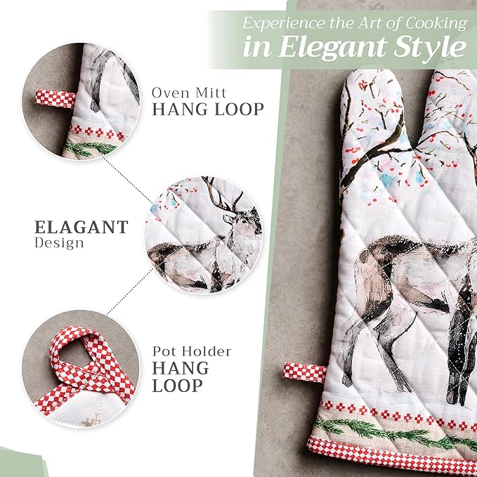 Maison d' Hermine 100% Cotton Oven Mitt & Pot Holder Set (7.5"x13" & 8"x8") Heat Resistant BBQ Cooking Gloves with Loop for Thanksgiving Christmas Decorations Handling Hot Pans (Rural Christmas)