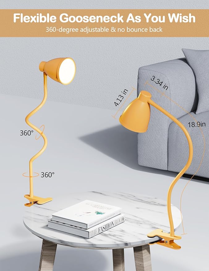 BOHON Clip on Light, 10W 38 LED Desk Lamp with Clamp, 5 Color 10 Brightness Auto Off Timer, Flexible Neck Clip Lamp, Desk Lights for Office Home Bed Bedside Reading, Bright Yellow