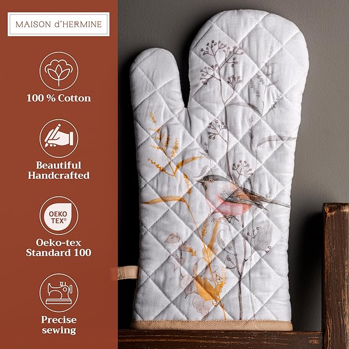 Maison d' Hermine Oven Gloves 100% Cotton Oven Mitt 7" x 13" with Loop Heat Resistant, BBQ, Cooking Gloves, Grilling, Kitchen, Handling Hot Pans Spring/Summer (Pack of 1, Meadow Florals - Beige)