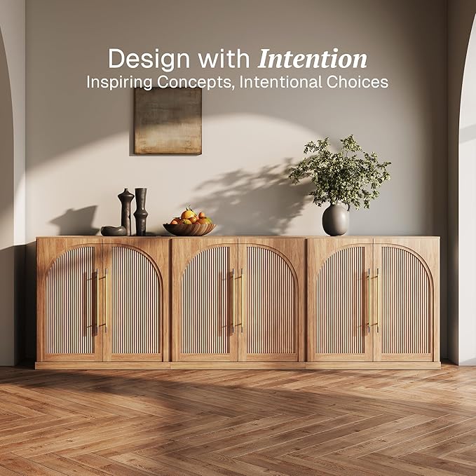 BELLEZE Set of 3 Modular Sideboard with Double-Arc Wood Doors, Small Arched Buffet Cabinet with Storage and Adjustable Shelves, Classic Modern Credenza for Dining Room, Living Room or Entryway(Camel)