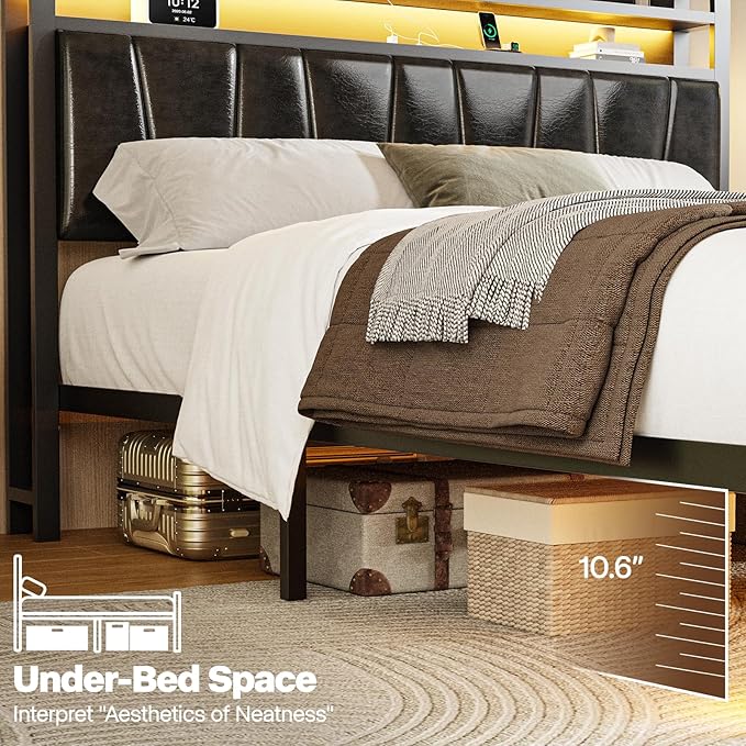 Queen Size Bed Frame with 2-Tier Storage Shelves, LED Bed Frame with PU Leather Headboard, Metal Platform Bed with Charging Station, Noise Free, No Box Spring Needed, Easy Assembly, Black