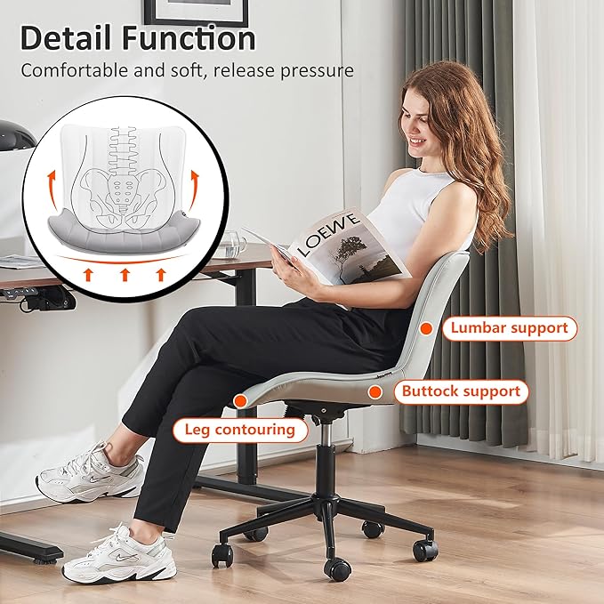 Kidol & Shellder Grey Leather Home Office Desk Chair with Wheels Modern Cute Armless Executive Swivel Vanity Chair with Comfy Padded Back Ergonomic Rolling Adjustable Computer Task Chair Small