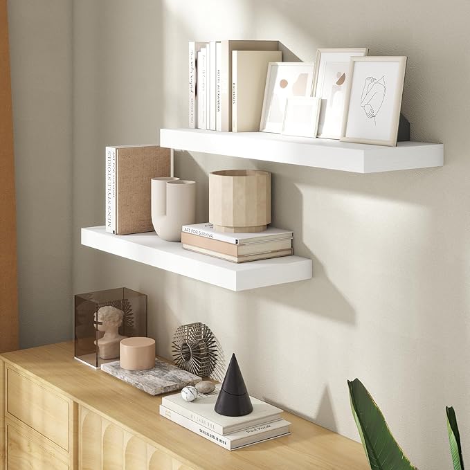 30 Inch Floating Shelves for Wall, 8 Inch Deep Floating Shelf for Storage & Display, Rustic Wall Mounted Shelf with Invisible Brackets for Living Room, Kitchen, Bathroom, Home Decor, Set of 2, White