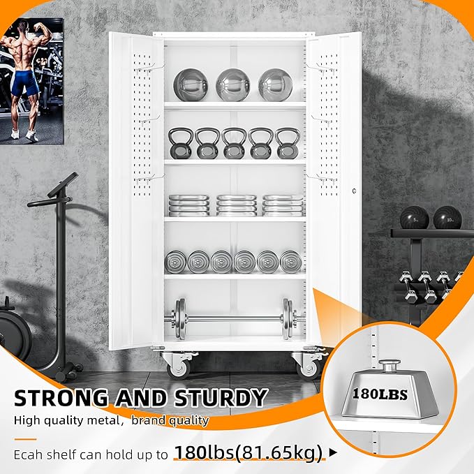 INTERGREAT Rolling Metal Cabinet with Wheels,72" Locking Storage Cabinet with Adjustable Shelves,Large Capacity Pulley Cabinets for Home Office,School,Garage(White)