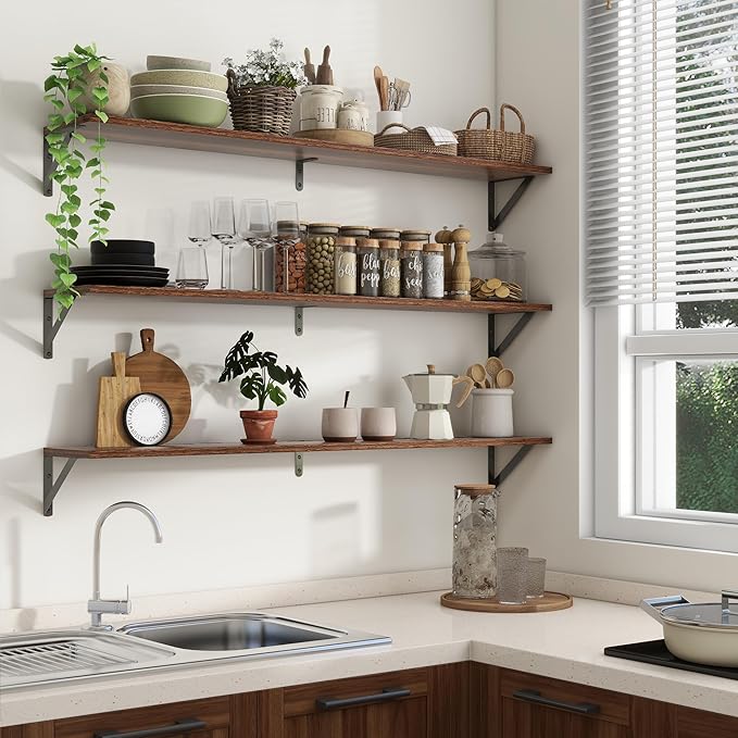 Axeman 48 Inch Floating Shelves | 8 Inch Deep Walnut Wall Shelves Set of 2 | 47.3W x 8D Rustic Wood Shelves for Bookshelf Living Room Bedroom Home Office Bathroom