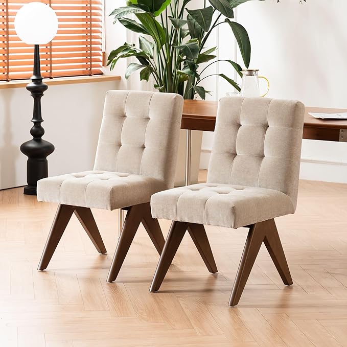 Rowill Modern Upholstered Dining Chairs Parsons Chair Linen Fabric Kitchen Chairs Tufted Armless Dining Room Chairs with Wood Legs Set of 2, Khaki
