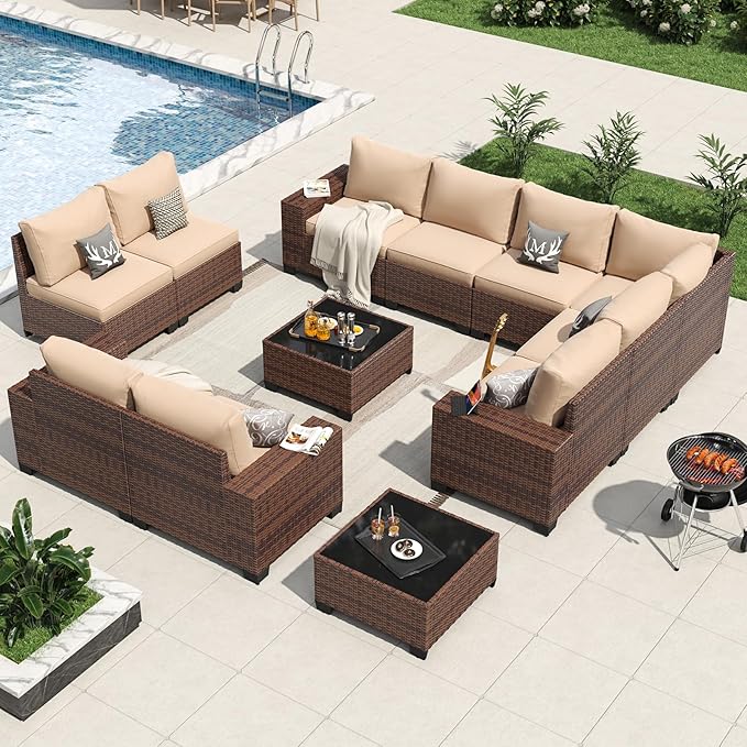 Aoxun 12 Pieces Patio Furniture Set Wicker Rattan Outdoor Sectional Conversation Set with Coffee Table and 4” Thickened Cushions, Beige (Waterproof Cover Included)