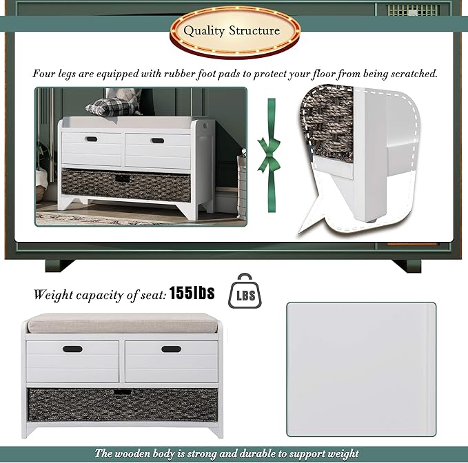 Fully Assembled Storage Bench with Cushioned Seat, 2 Drawers & Removable Basket, Solid Wood Entryway Shoe Bench for Bedroom, Hallway, Living Room (White)