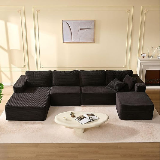 138" Boneless Couch with Deep Seat, Modular Sectional Sofa, Cloud Sectional Couch for Living Room, No Assembly Required, Corduroy, U-Shape 4 Seater Left, Black