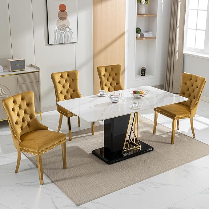 Luxury Upholstered Dining Chairs Set of 6, Yellow Kitchen Chair with Golden Metal Legs, Velvet Tufted Back Dining Chair, Sillas de Comedor, Modern Kitchen & Dining Room Chairs (Gold, 6 Pcs)