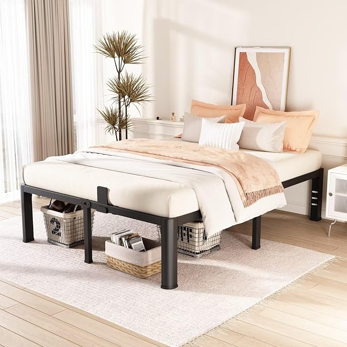 FUIOBYVV 16 Inch Full Bed Frame with Rounded Corner and Headboard Hole Mattress Retainers 3500 LBS Metal Heavy Duty Steel Slats Support No Box Spring Needed Platform Noise Free Easy Assembly