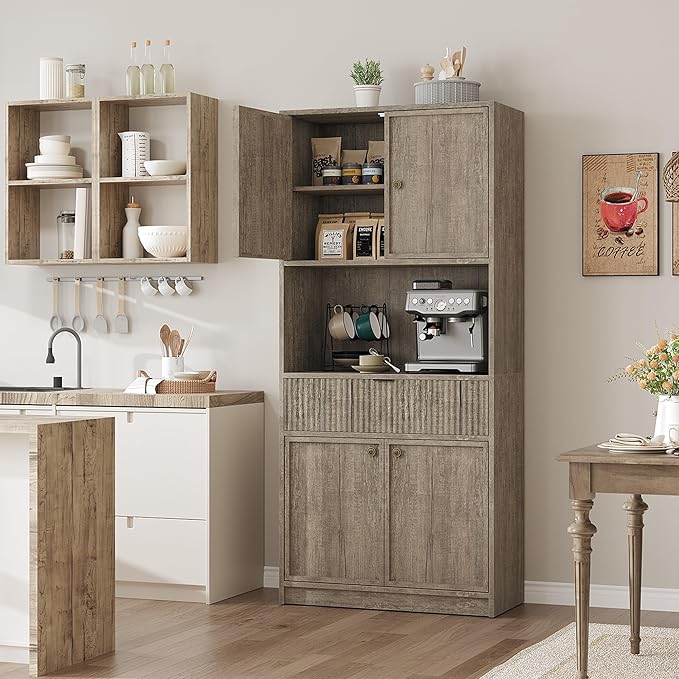 Garvee Tall Kitchen Pantry Cabinet, 70" Pantry Storage Cabinet with Countertop, Fluted Kitchen Hutch Cabinets with Doors and Drawer, Freestanding Cupboard for Dining Room, Living Room, Gray