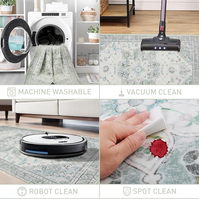 6x9 Soft Washable Area Rugs for Living Room and Bedroom, Non-Slip Stain Resistant Indoor Carpet, Cozy Floor Mat for Dining Room, Office, Under TableStain Resistant Green Floral