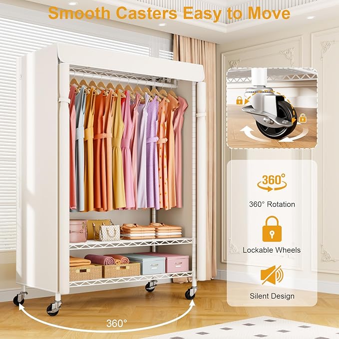 P6C Plus Rolling Clothes Rack with Cover, Covered Clothing Rack Heavy Duty, Portable Closet for Hanging Clothes, Garment Rack on Wheels, White Closet Rack with White Cover, Max Load 375LBS