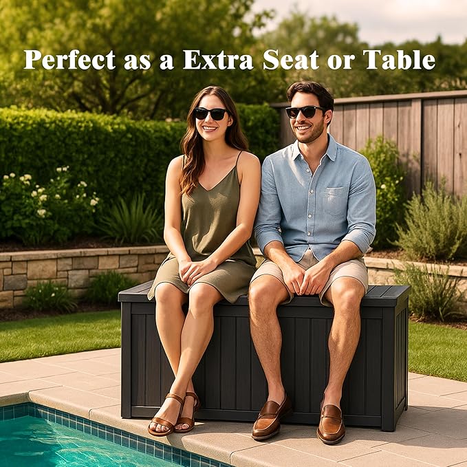 119 Gallon Outdoor Storage Box, Waterproof Deck Box with Handles and Lockable Lid, Resin Patio Storage Box with Hydraulic Rods for Garden Tools, Cushions, Black