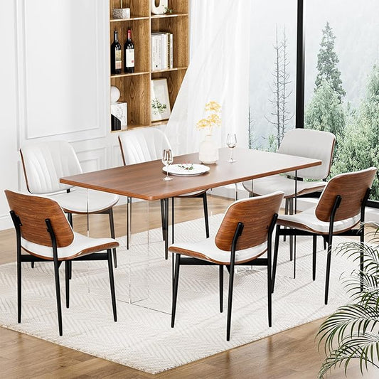 Dining Chairs Set of 6, Dining Room and Kitchen Chairs, FSC Certified Mid Century Modern Accent Chair, Upholstered PU Leather Chairs for Vanity with Walnut Bentwood and Metal Legs, White