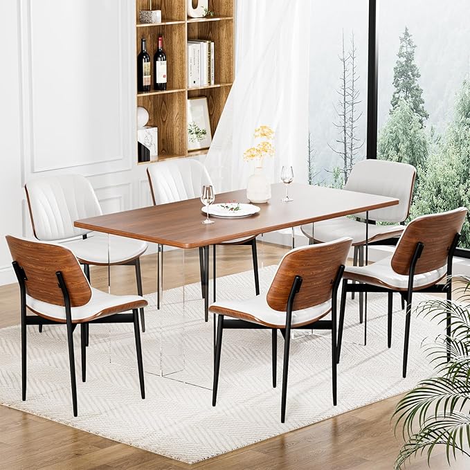Dining Chairs Set of 8, Dining Room and Kitchen Chairs, FSC Certified Mid Century Modern Accent Chair, Upholstered PU Leather Chairs for Vanity with Walnut Bentwood and Metal Legs, White