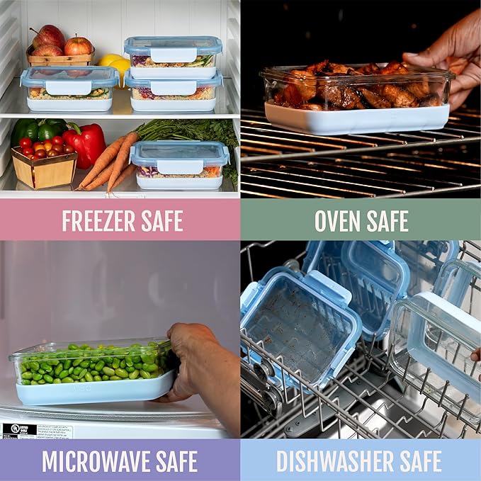 Ello Duraglass Refresh 3.4 Cup Meal Prep Sets 10Pc, 5 Pack Set- Glass Food Storage Container with Silicone Boot and Airtight BPA-Free Plastic Lids, Dishwasher, Microwave and Freezer Safe,Everest