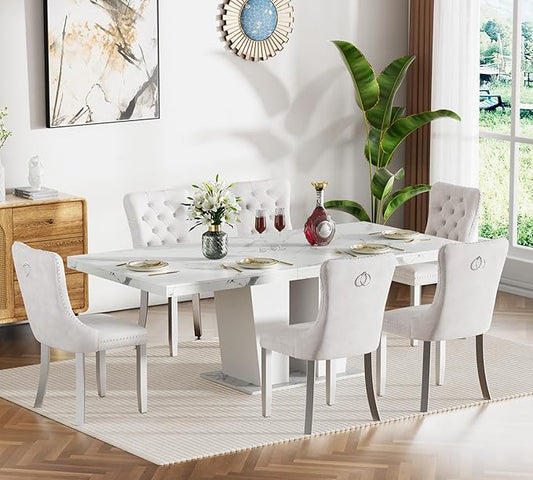 7-Piece Extendable Dining Table Set for 6-8 People 63-78 Inch Kitchen Table Set with 6 Beige Upholstered Chairs Modern White Faux Marble Rectangular Dining Room Table Set for Kitchen Apartment