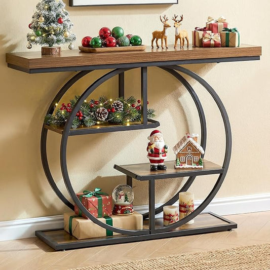 41.3" Sofa Table, Industrial 4-Tier Entryway Table with Circle Base and 1.7" Thickened Top, Narrow Console Table with Storage for Living Room, Hallway, Foyer, Rustic Brown