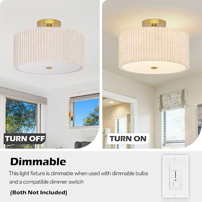 3-Light Semi Flush Mount Lights Fixture Drum Ceiling Light with Pleated Fabric Shade Gold Semi Flush Mount Ceiling Lights 15.7 Inch Close to Light Fixtures for Living Room Hallway