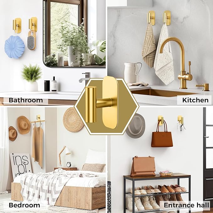 Adhesive Towel Hooks for Shower,Waterproof Heavy Duty Bathroom Hooks,Wall Mounted Sticky Hangers for Coats/Aprons/Robes,No Drilling(Gold,2 Pack)