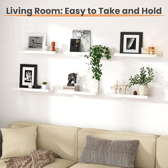 upsimples Floating Shelves for Wall, Wall Shelves for Decor Storage Set of 6, Wall Mounted Wood Shelf for Bedroom, Living Room, Bathroom, Kitchen, Picture Ledge Shelf, White