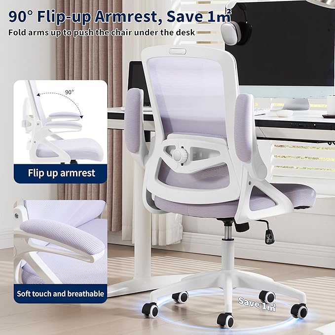Ergonomic Office Chair, Desk Chair with Adjustable Lumbar Support, Breathable Mesh Comfy Computer Chairs with Flip-up Armrests Executive Task Chair for Adults Home Office(Lavender)