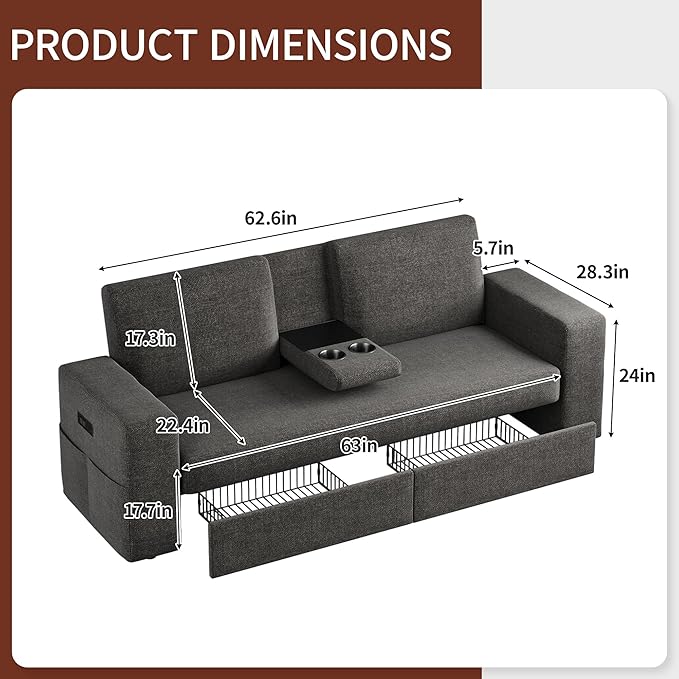 Maupvit 75” Loveseat Sofa with 2 Drawers, USB & Type-C Charging Port, Comfortable Linen Living Room Couch with Small Table Board, Upholstered Small Settee Fits Bedroom, Office, Grey
