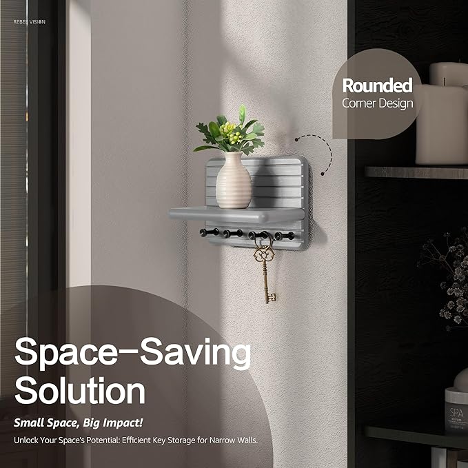 Rebee Vision Small Key Holder Wall Mount – Decorative 7-inch Pine Wooden Key Holder for Wall with 4 Hooks & Floating Shelf - Apartment Essentials for Neat and Chic Home Organization (Gray)