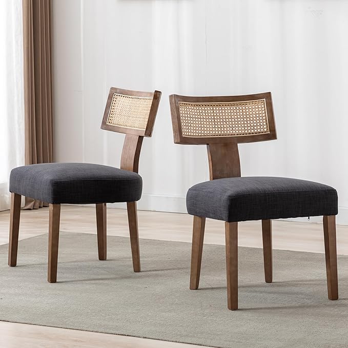 Rattan Dining Chairs Set of 2, Modern Fabric Upholstered Kitchen Chairs, Wooden Dining Room Chair Farmhouse Dinner Chair, Charcoal